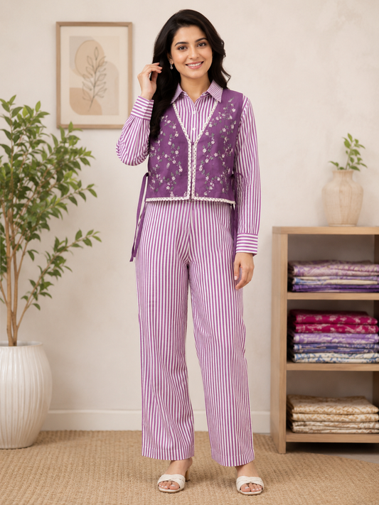 Women’s Purple Striped Cotton Co-Ord Set with Embroidered Overlay Jacket | 3-Piece Ethnic Fusion Outfit for Women | Natural Fab
