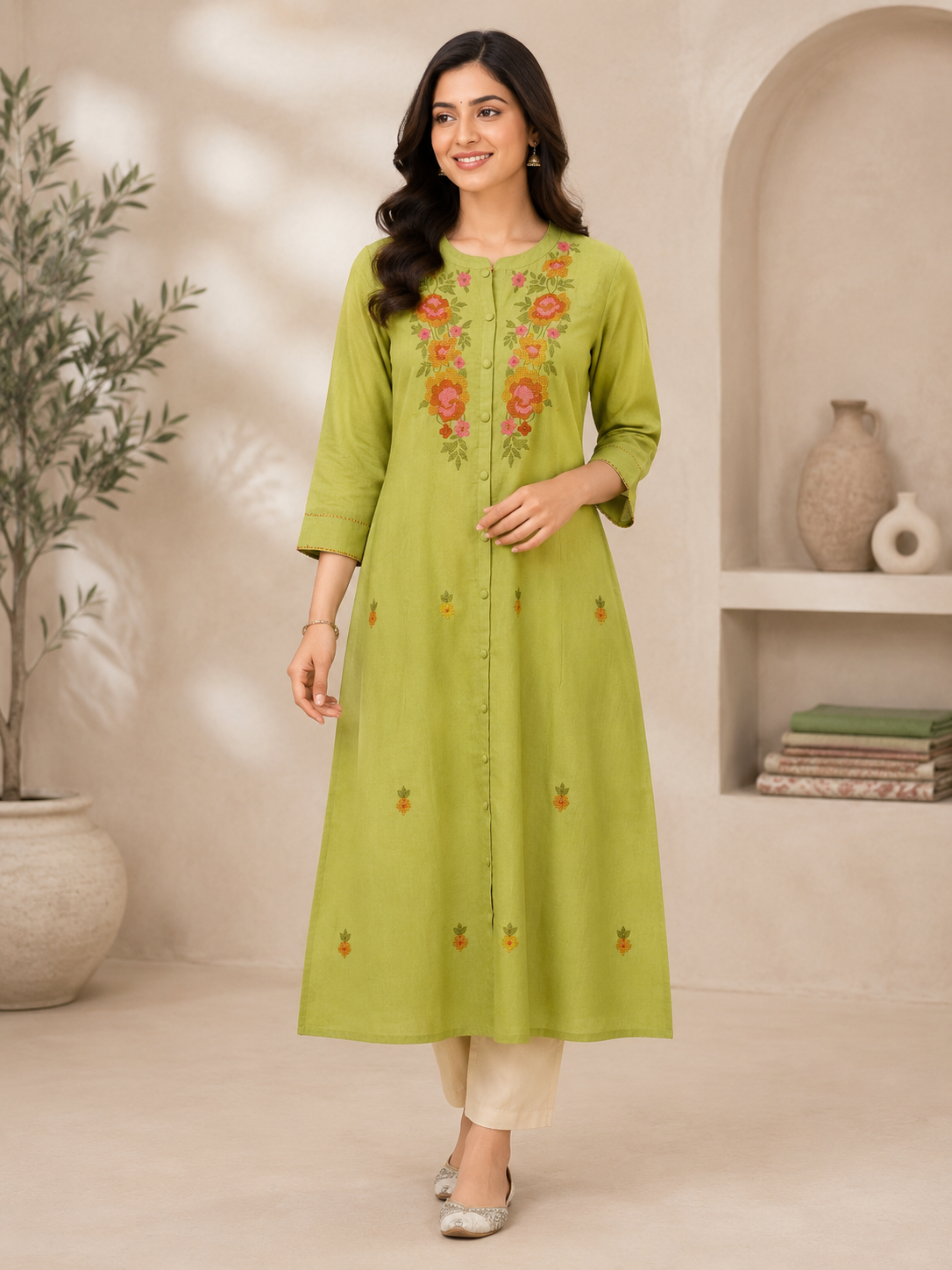 Women’s Cotton Embroidered Green Long Kurta | Floral Embroidery Straight Kurti for Women | Round Neck 3/4 Sleeve Ethnic Wear