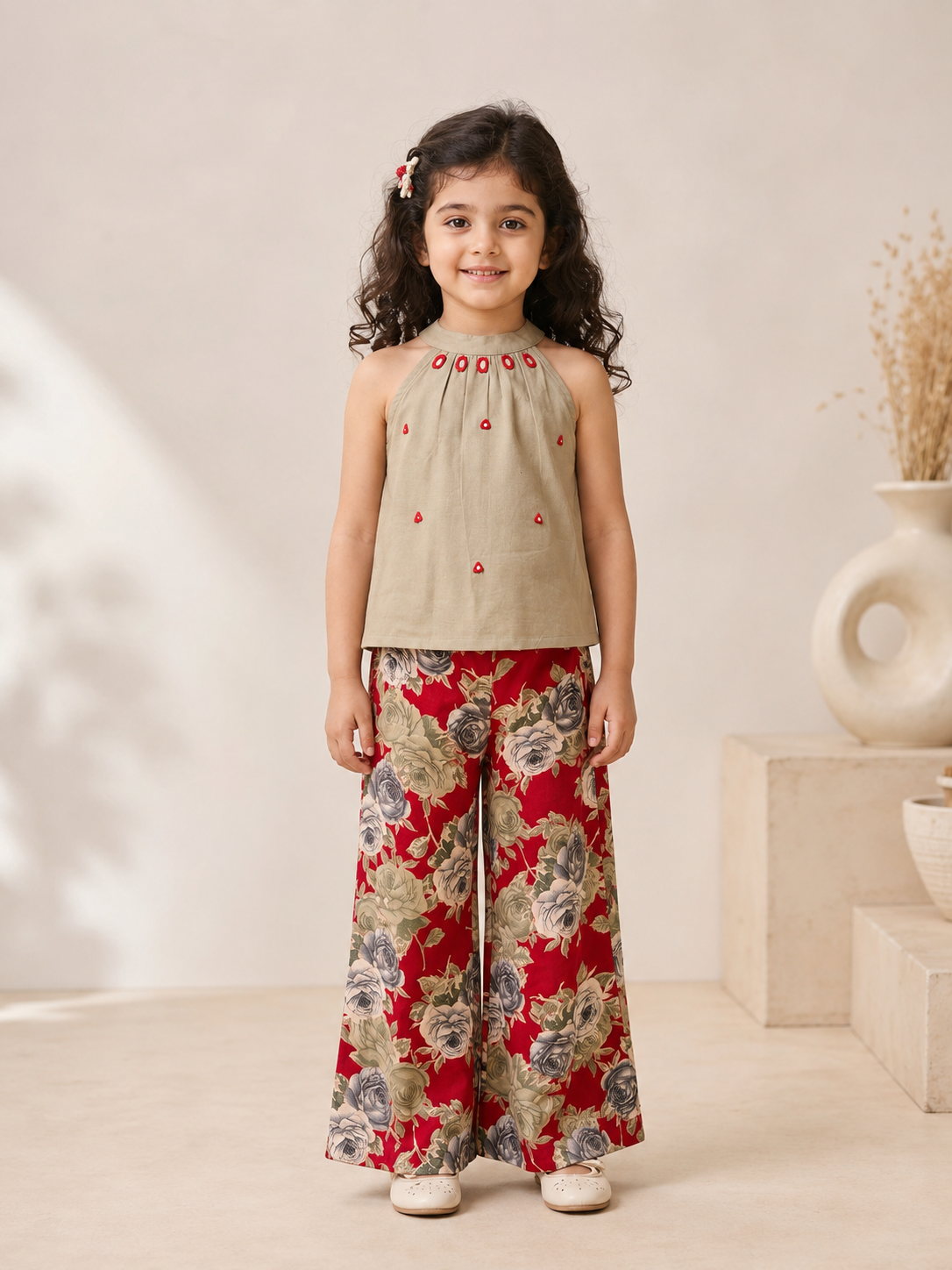 Girls Beige Halter Top with Red Floral Palazzo Pants Set | Kids Cotton Co-Ord Set