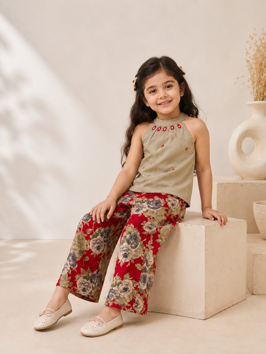 Girls Beige Halter Top with Red Floral Palazzo Pants Set | Kids Cotton Co-Ord Set