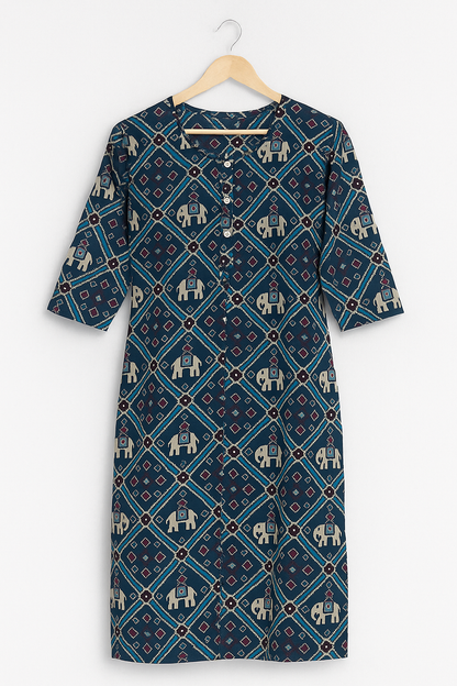 Elegant Elephant Print Cotton Kurti for Women – Navy Blue Ethnic Straight Fit
