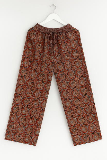 Rust Red Kalamkari Cotton Plazo Pants for Women – Handblock Floral Print, Elastic Waist
