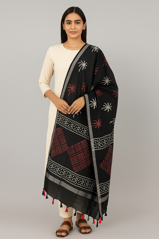 Black Handblock Printed Cotton Dupatta with Red Motifs & Tassels – Ethnic Elegance