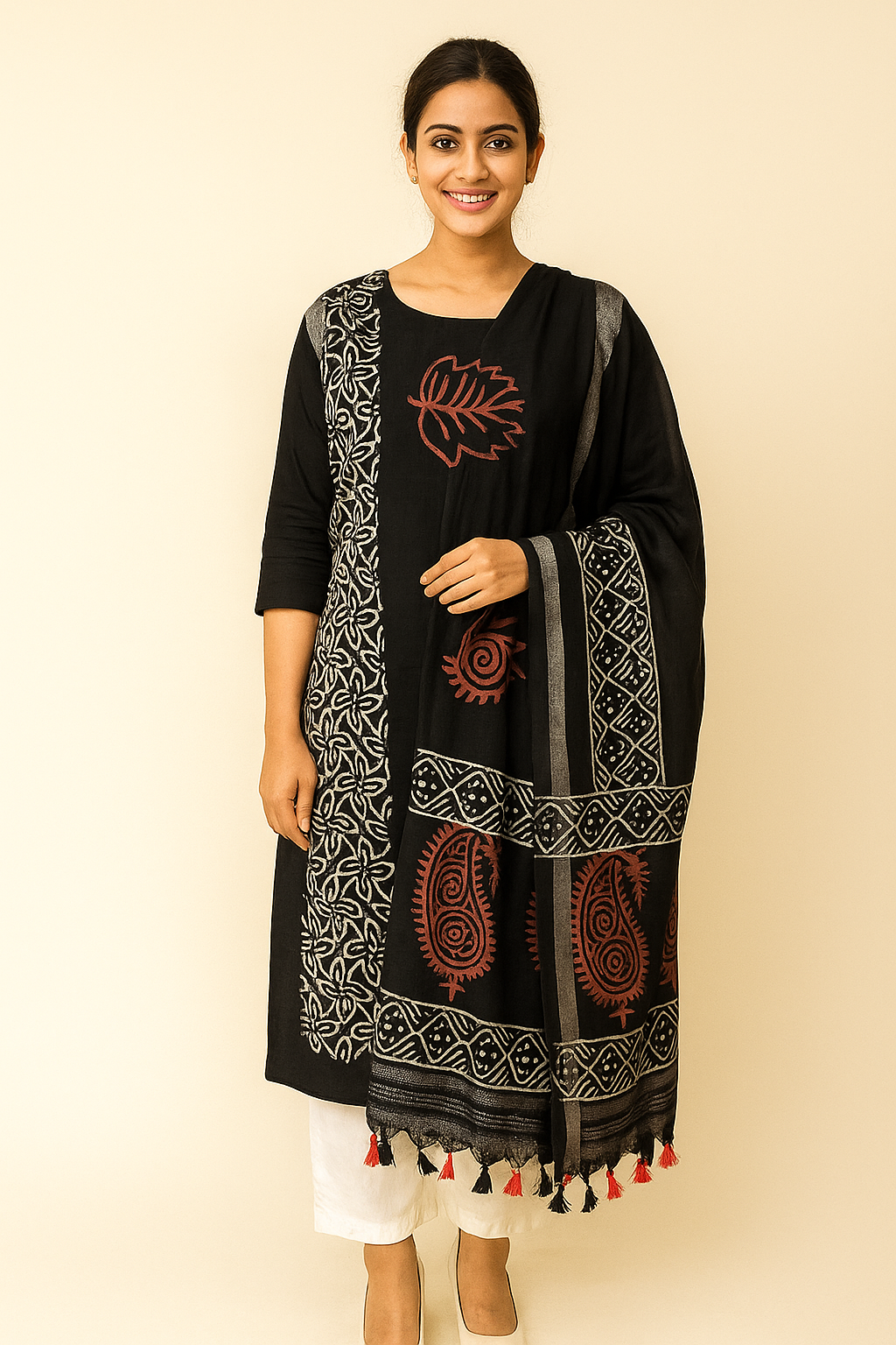 Black Handblock Cotton Kurta Dupatta Set with Red Paisley Print & White Floral Borders – Festive Ethnic Wear