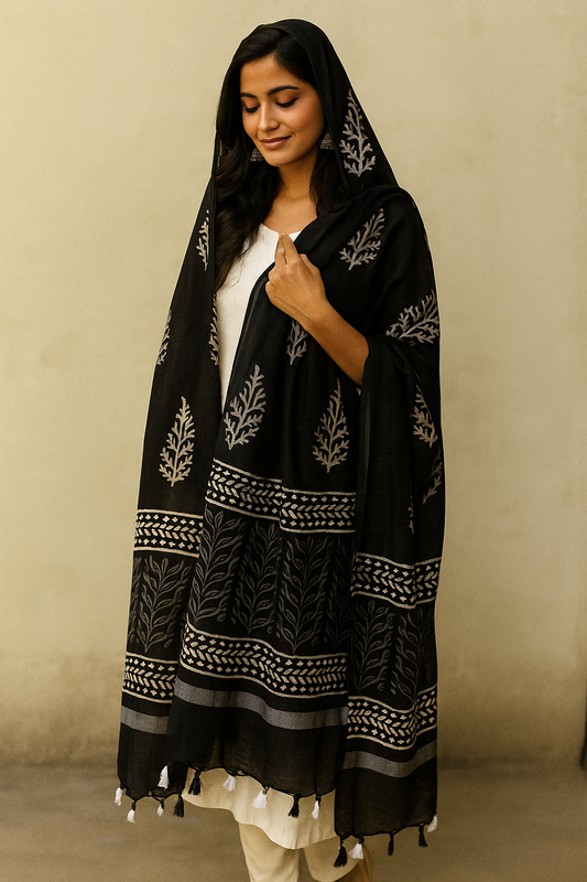 Elegant Black Handblock Cotton Dupatta with Leaf Motifs & Tassel Border – Lightweight Ethnic Drape