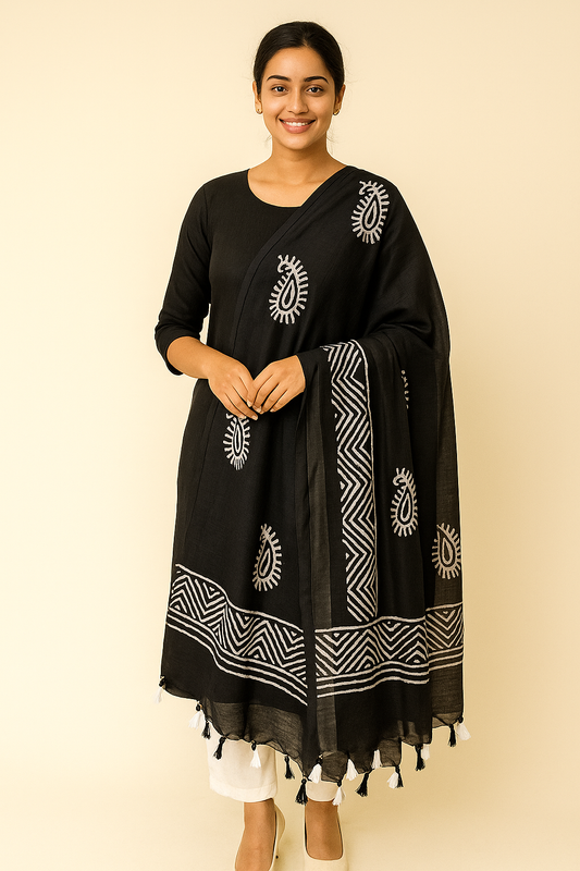Black Cotton Dupatta with White Hand Block Print | Ethnic Indian Wear for Women