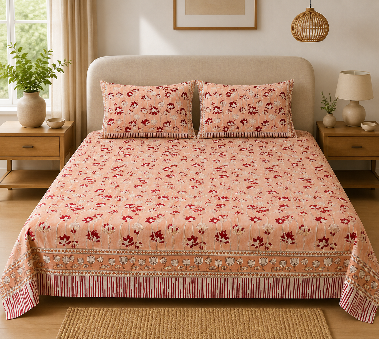 Fine Count Cotton Hand Block Printed Bedsheet with 2 Pillow Covers | Peach Red Floral Double Bed Sheet Set