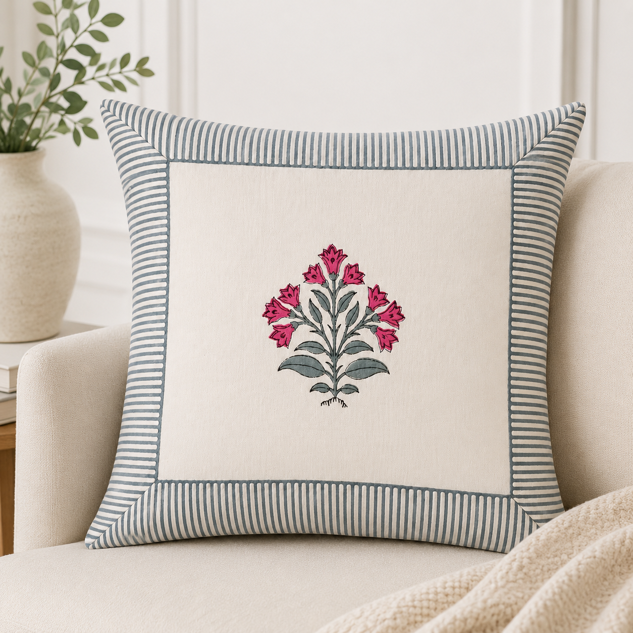 Handblock Print Cushion Cover with Floral Motif & Striped Border | Cotton Decorative Pillow Cover for Sofa & Home Décor