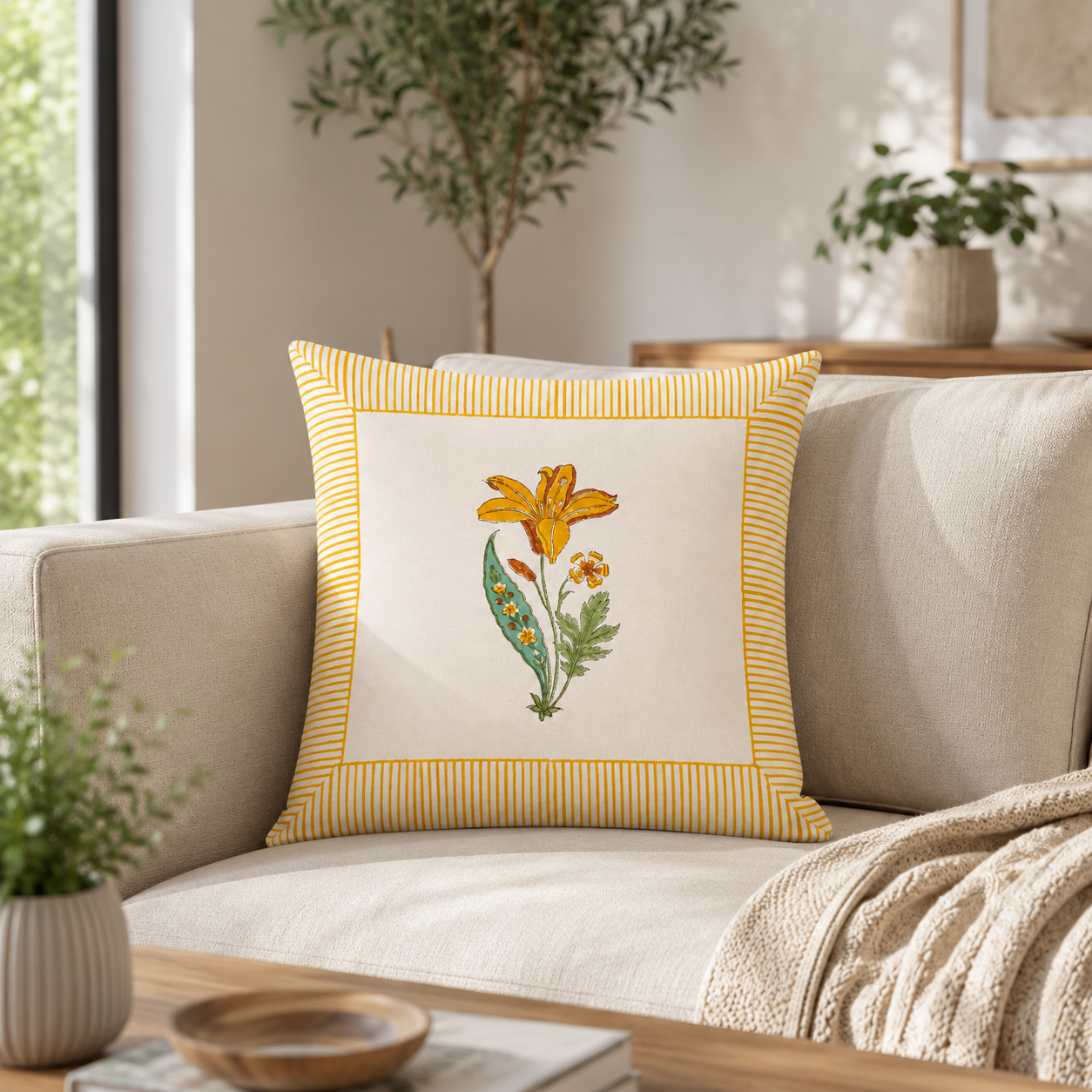 Handblock Print Cushion Cover with Yellow Floral Motif & Striped Border | Cotton Decorative Pillow Cover for Sofa, Bed & Home Décor