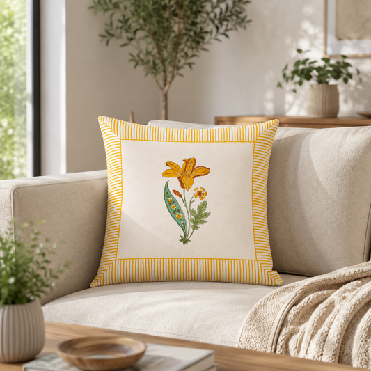 Handblock Print Cushion Cover with Yellow Floral Motif & Striped Border | Cotton Decorative Pillow Cover for Sofa, Bed & Home Décor