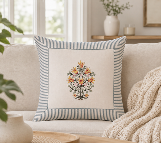 Handblock Print Cushion Cover with Floral Motif & Blue Striped Border | Cotton Decorative Pillow Cover for Sofa, Bed & Home Décor