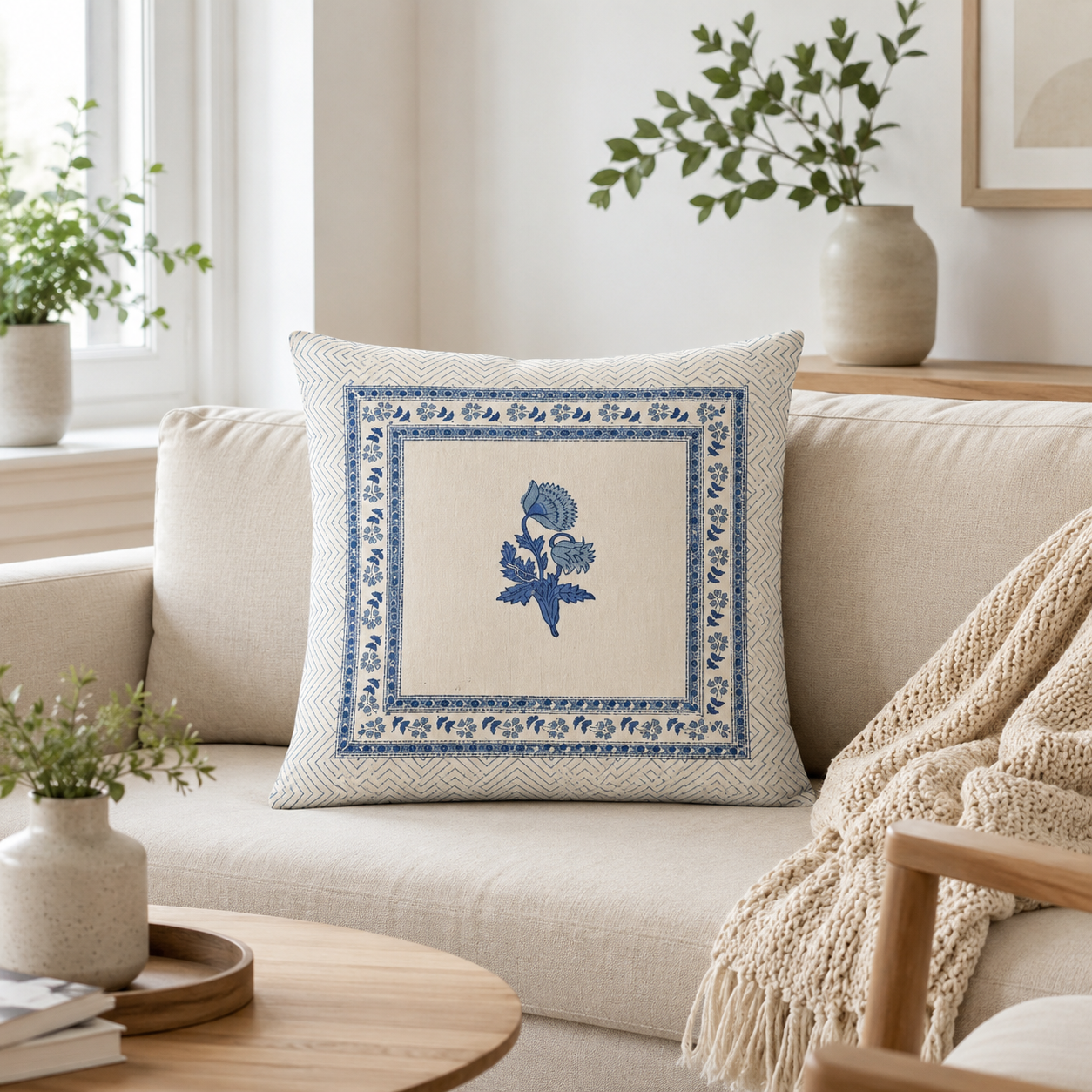 Handblock Print Cushion Cover with Blue Floral Motif & Border | Cotton Decorative Pillow Cover for Sofa, Bed & Living Room Décor