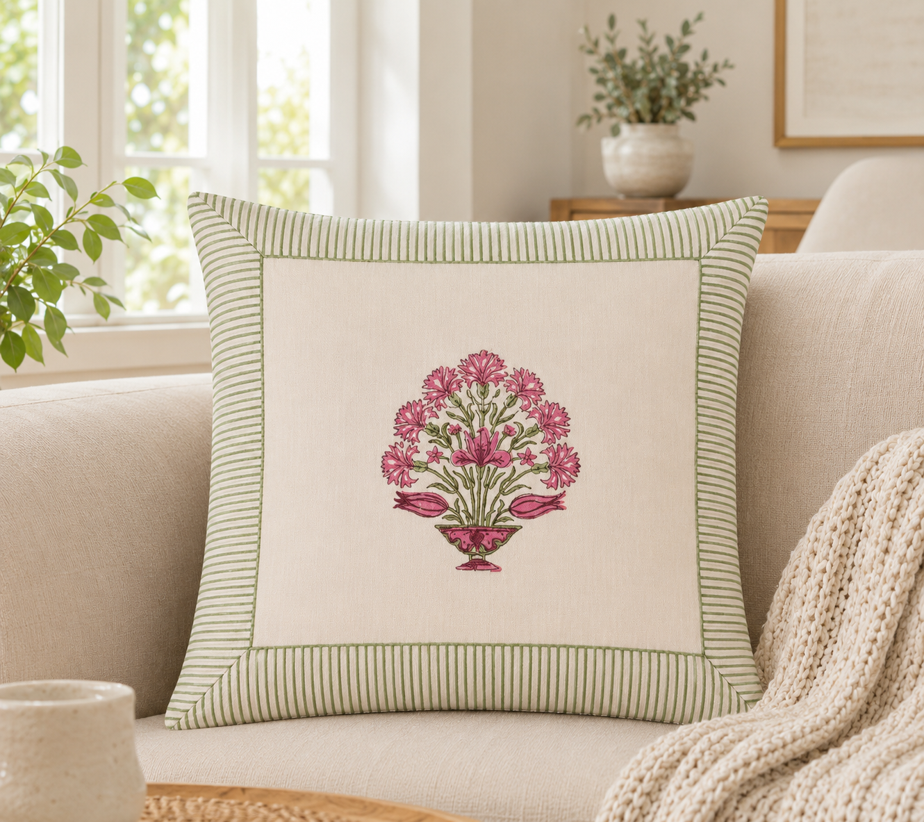 Handblock Print Cushion Cover with Pink Floral Pot Motif & Green Striped Border | Cotton Decorative Pillow Cover for Sofa, Bed & Home Décor