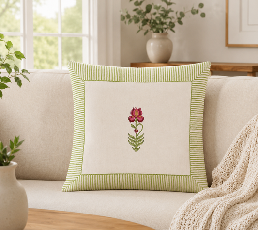 Handblock Print Cushion Cover with Pink Floral Motif & Green Striped Border | Cotton Decorative Pillow Cover for Sofa, Bed & Home Décor