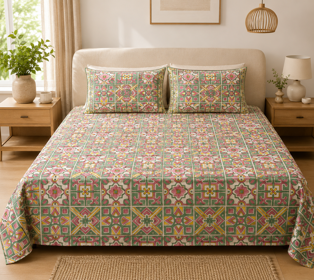 Fine Count Cotton Hand Block Printed Bedsheet with 2 Pillow Covers | Multicolor Geometric Floral Double Bed Sheet Set