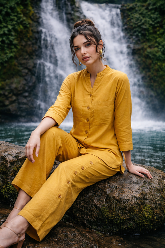 Women’s Mustard Cotton Co-Ord Set – Button Detail Kurta & Wide Leg Pant Set | Casual Ethnic Outfit