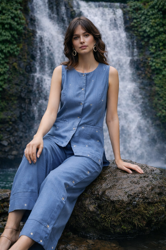Women’s Blue Cotton Sleeveless Co-Ord Set – Button Front Top & Wide Leg Pant Casual Ethnic Outfit