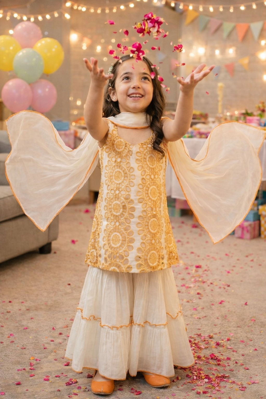 Girls Pure Cotton Ethnic Sharara Set – Embroidered Kurti with Flared Pants & Dupatta | Kids Festive Party Outfit