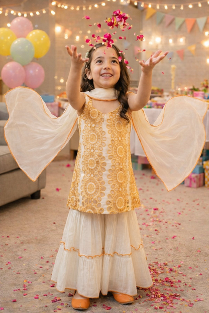 Girls Pure Cotton Ethnic Sharara Set – Embroidered Kurti with Flared Pants & Dupatta | Kids Festive Party Outfit