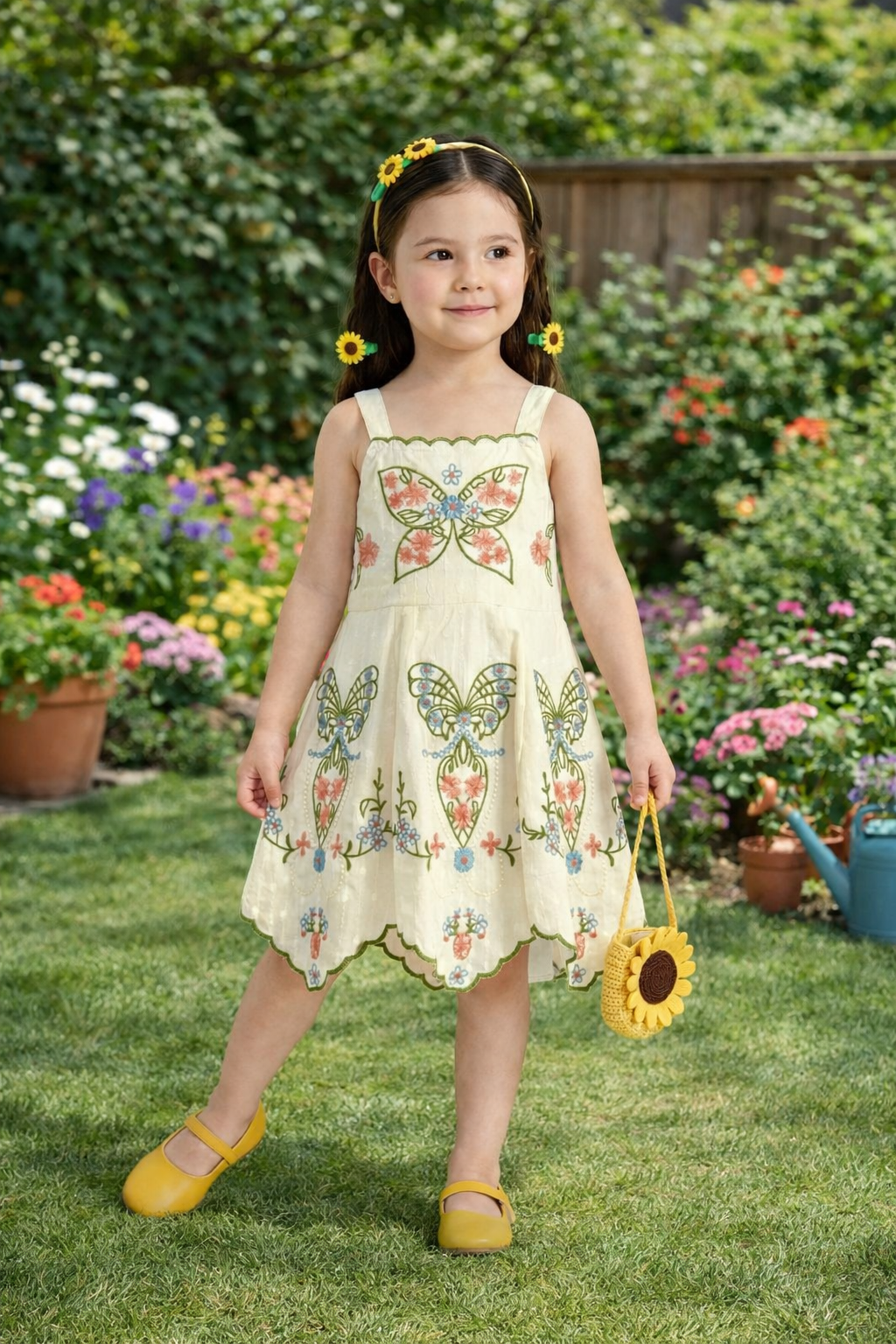 Girls Pure Cotton Butterfly Embroidered Summer Dress – Sleeveless Kids Floral Party & Casual Wear