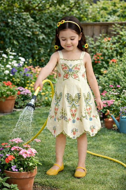 Girls Pure Cotton Butterfly Embroidered Summer Dress – Sleeveless Kids Floral Party & Casual Wear