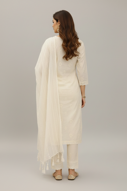 Women’s Khadi Cotton Kurti Pant Dupatta Set – Elegant Embroidered Straight Kurta Ethnic Suit for Festive, Office & Casual Wear