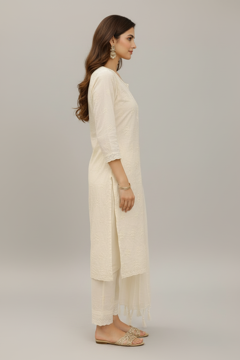 Women’s Khadi Cotton Kurti Pant Dupatta Set – Elegant Embroidered Straight Kurta Ethnic Suit for Festive, Office & Casual Wear