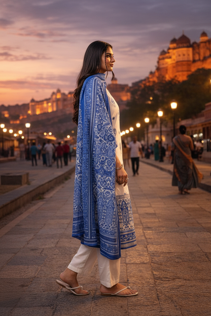 Women’s Mal Cotton Hand Block Printed Kurti Set with Dupatta – Soft Breathable Ethnic Kurta Pant Set