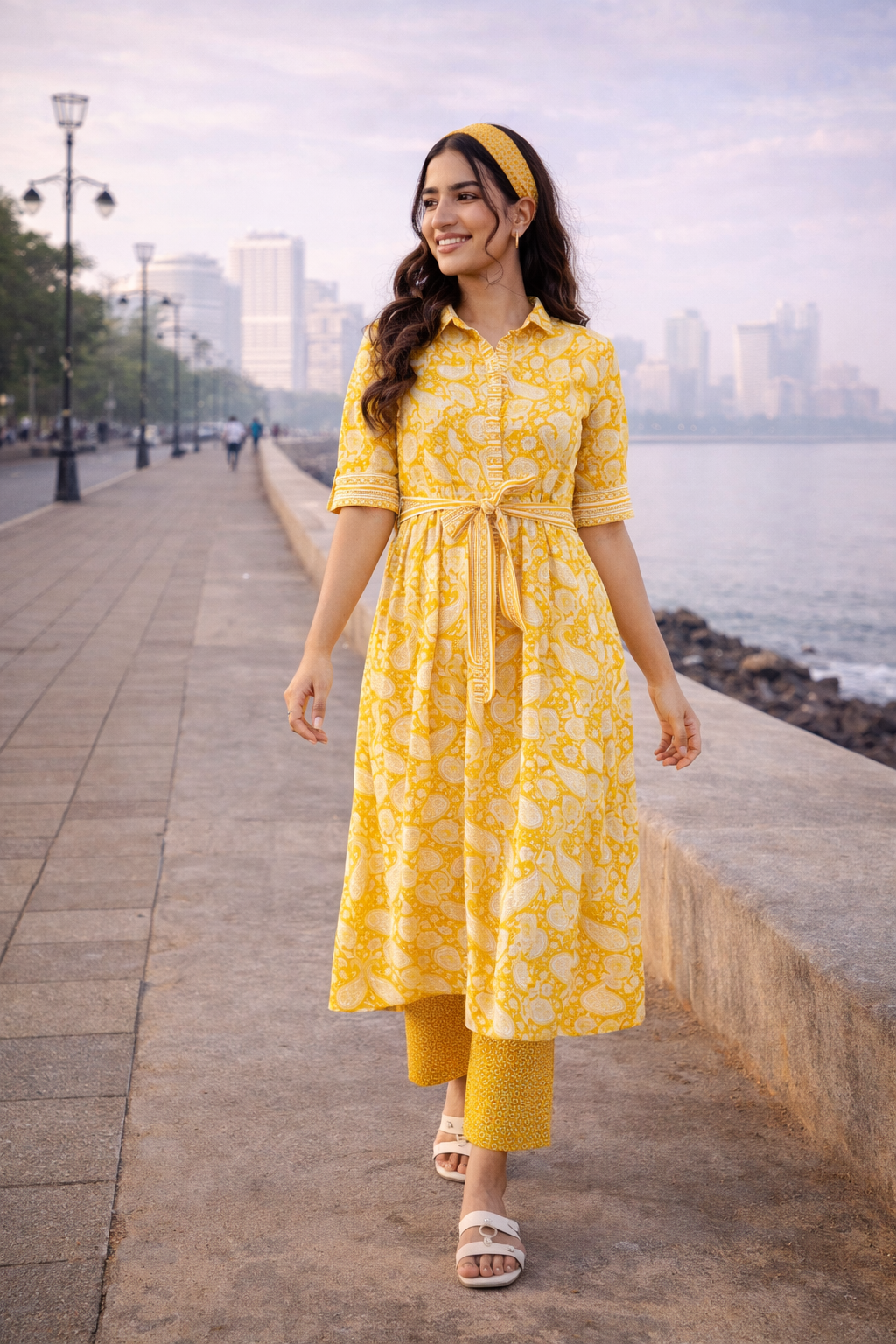 Women’s Yellow Printed Cotton Midi Dress with Waist Tie – Elegant Summer Casual Dress for Brunch, Travel & Day Out