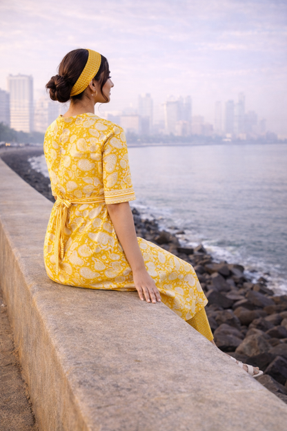 Women’s Yellow Printed Cotton Midi Dress with Waist Tie – Elegant Summer Casual Dress for Brunch, Travel & Day Out