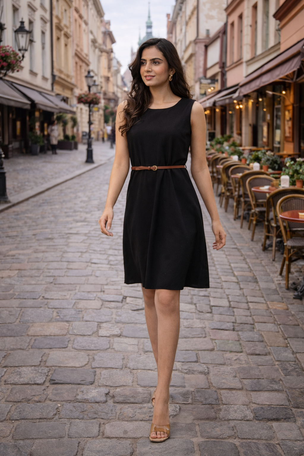 Women’s Elegant Black Sleeveless Midi Dress with Waist Belt – Minimal Solid Casual & Office Wear Dress