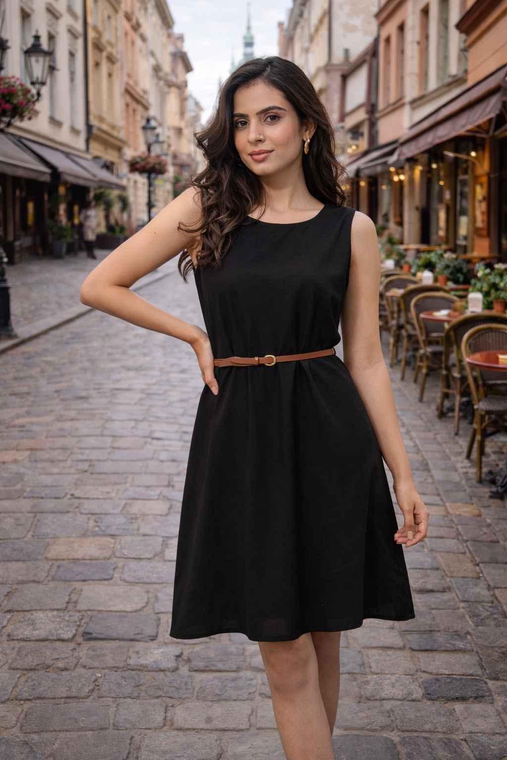 Women’s Elegant Black Sleeveless Midi Dress with Waist Belt – Minimal Solid Casual & Office Wear Dress