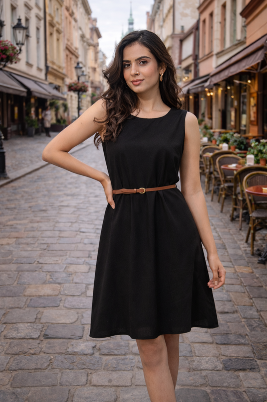 Women’s Elegant Black Sleeveless Midi Dress with Waist Belt – Minimal Solid Casual & Office Wear Dress