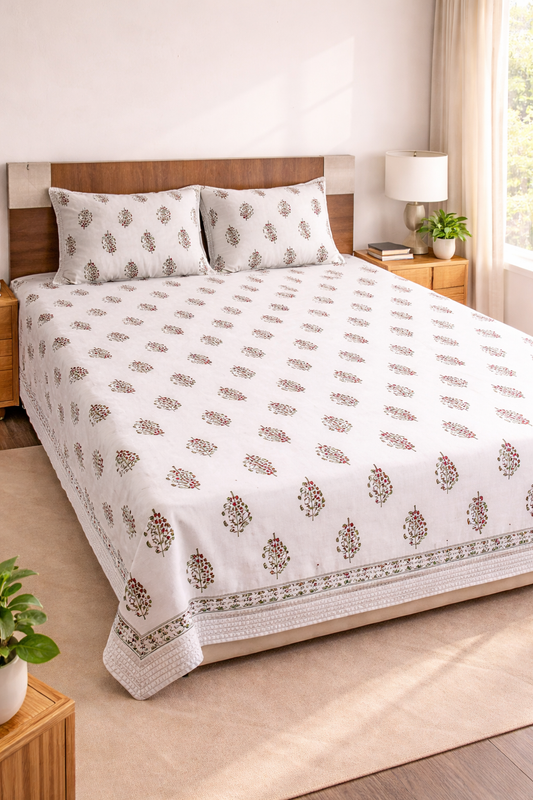 Hand Block Printed Cotton Double Bedsheet 108x108 King Size White Buta Floral with 2 Pillow Covers