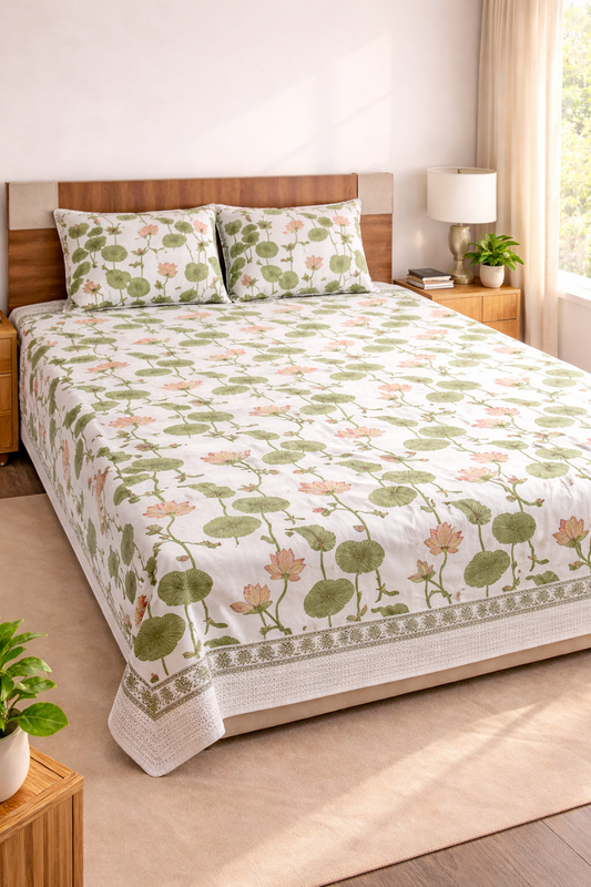 Hand Block Printed Cotton Double Bedsheet 108x108 King Size Lotus Floral with 2 Pillow Covers