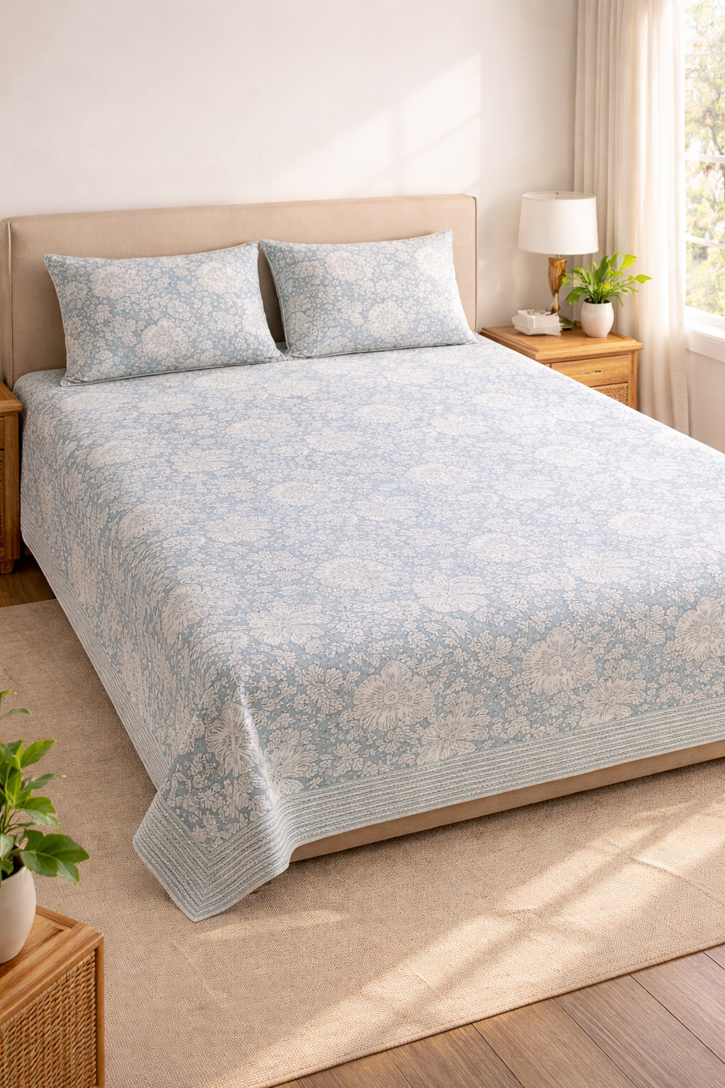 Hand Block Printed Cotton Double Bedsheet 108x108 King Size Blue Floral with 2 Pillow Covers