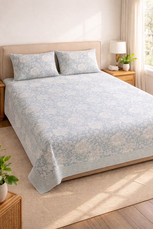 Hand Block Printed Cotton Double Bedsheet 108x108 King Size Blue Floral with 2 Pillow Covers