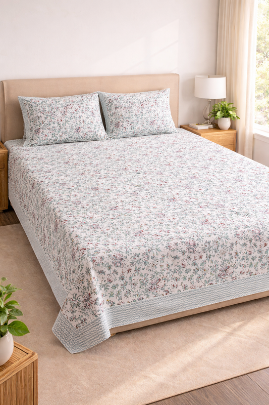 Hand Block Printed Cotton Double Bedsheet 108x108 King Size Floral with 2 Pillow Covers