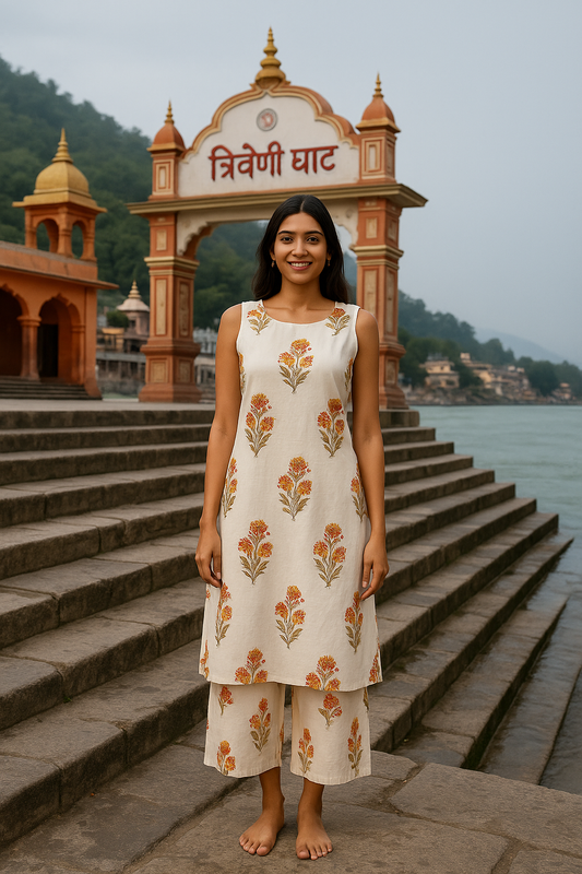 100% Cotton Handblock Printed Co-Ord Set – Sleeveless Kurti natural fab