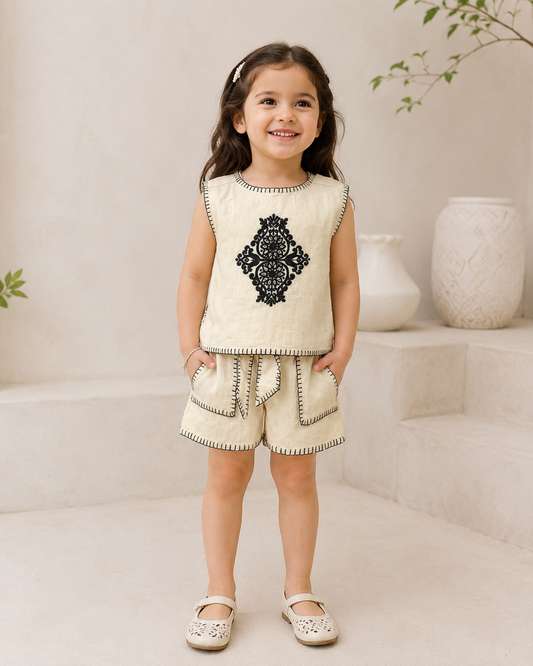 Baby Girls Cream Embroidered Baby Set | Kids Sleeveless Top & Shorts Outfit | Stylish Casual & Party Wear for Girls