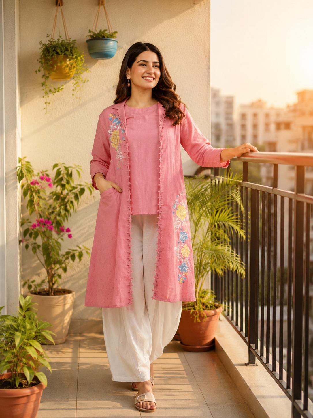 Women’s Embroidered Cotton Co-Ord Set with Long Shrug | Elegant Pink Ethnic Lounge Wear Set for Women