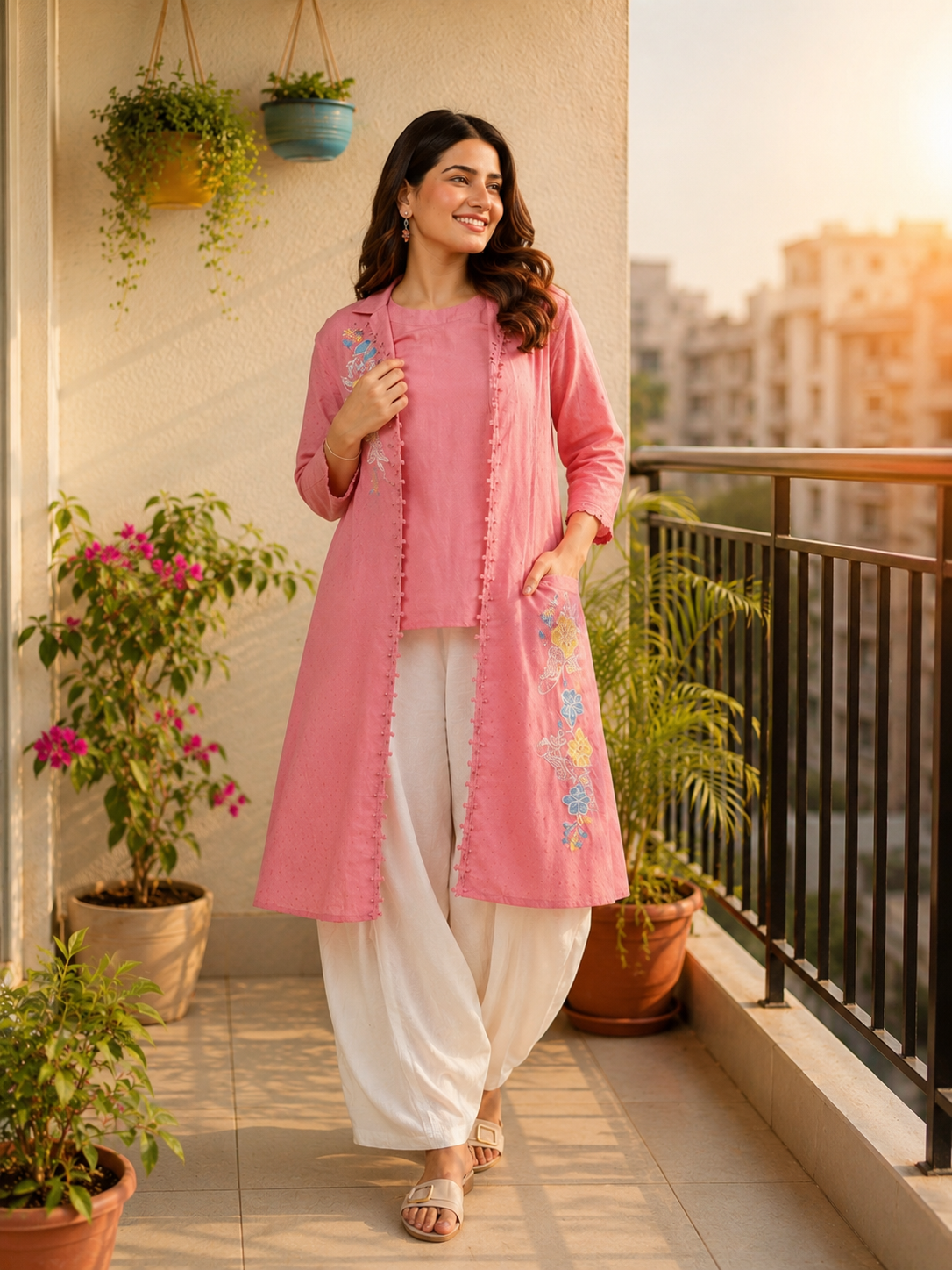 Women’s Embroidered Cotton Co-Ord Set with Long Shrug | Elegant Pink Ethnic Lounge Wear Set for Women