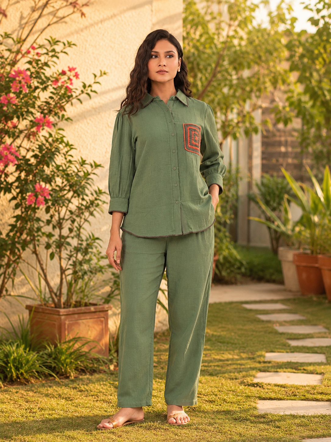 Women’s Olive Green Cotton Co-Ord Set | Collared Button-Down Shirt with Straight Pants | Casual Lounge Wear Set for Women
