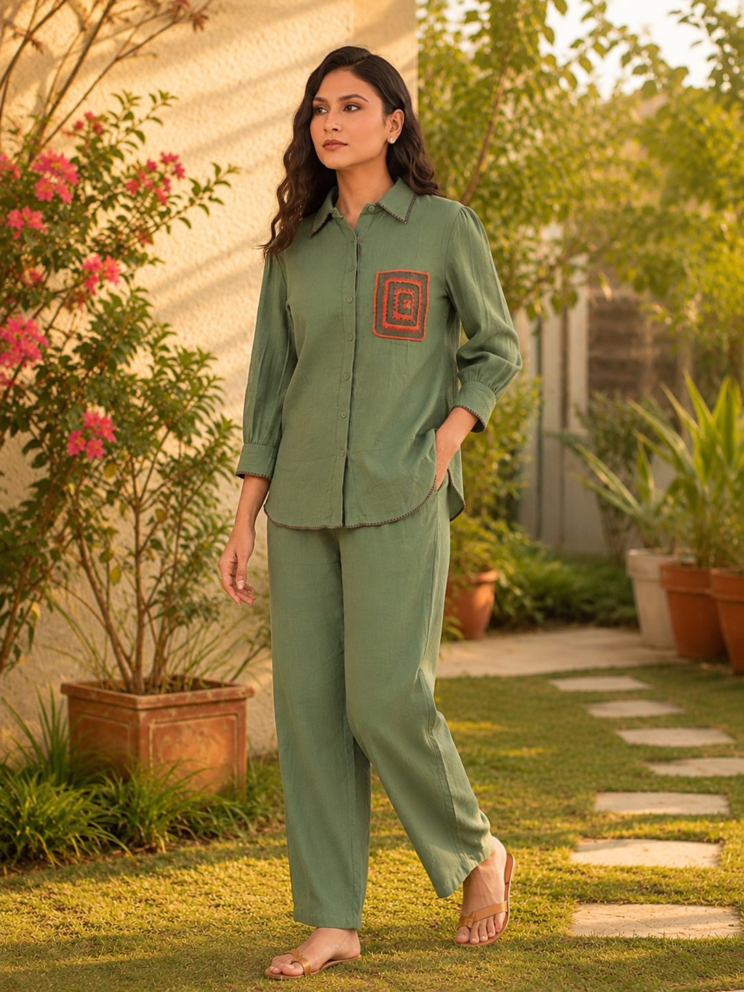 Women’s Olive Green Cotton Co-Ord Set | Collared Button-Down Shirt with Straight Pants | Casual Lounge Wear Set for Women