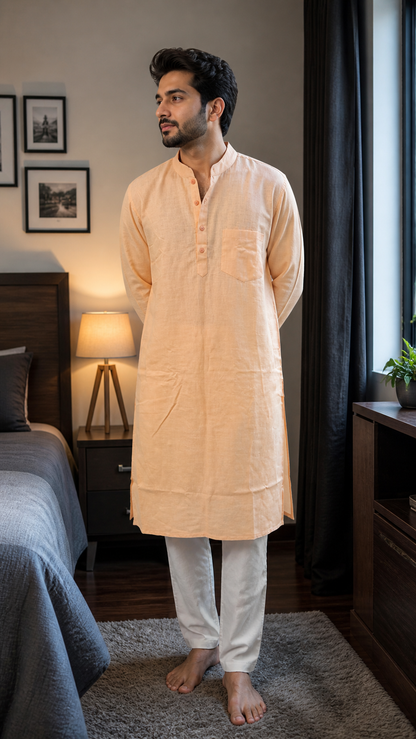 Men’s Linen Orange Kurta Solid Long Kurta Mandarin Collar Ethnic Casual Festive Wear