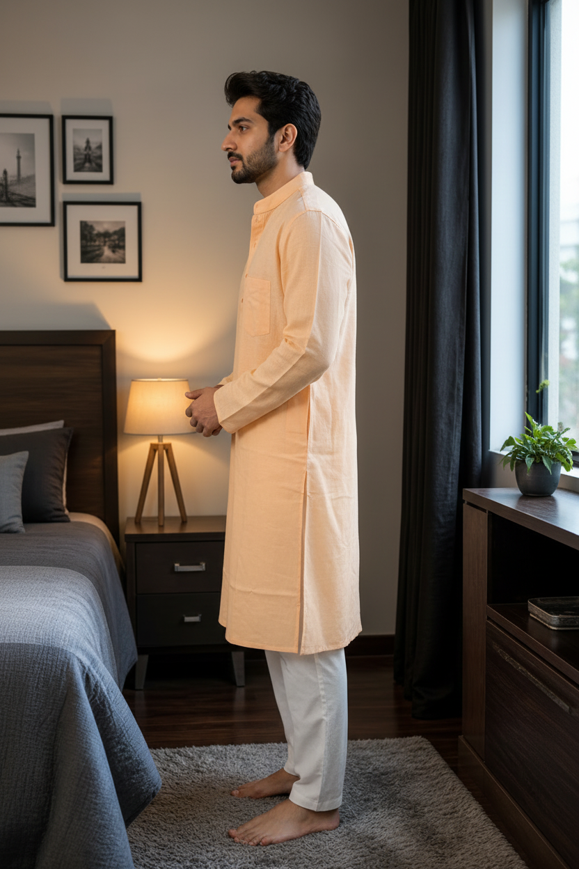 Men’s Linen Orange Kurta Solid Long Kurta Mandarin Collar Ethnic Casual Festive Wear