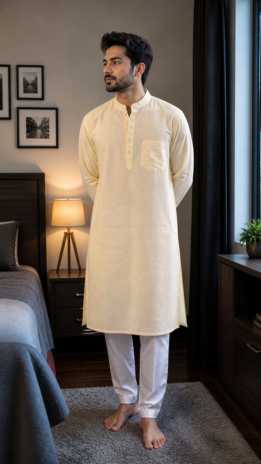 Men’s Linen Kurta Yellow Solid Long Kurta Mandarin Collar Casual Festive Ethnic Wear