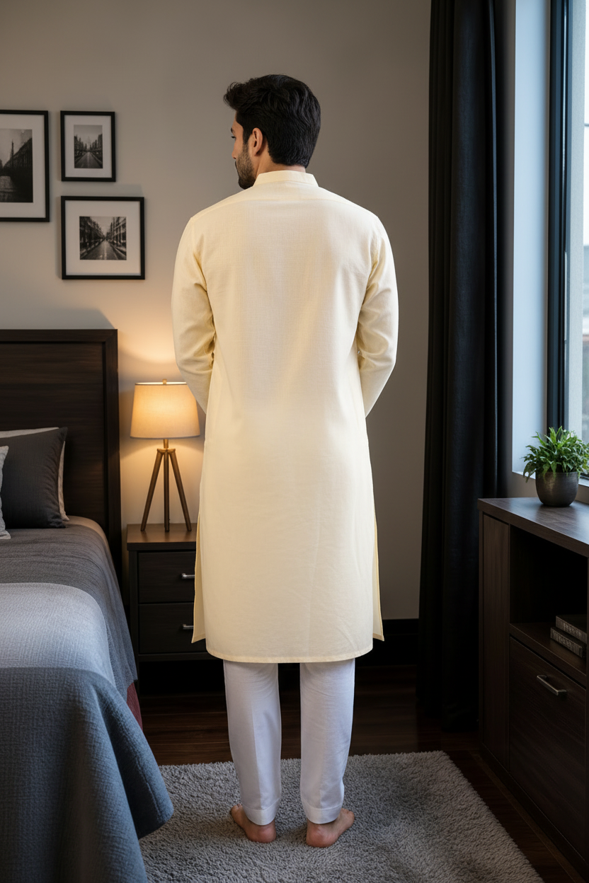 Men’s Linen Kurta Yellow Solid Long Kurta Mandarin Collar Casual Festive Ethnic Wear