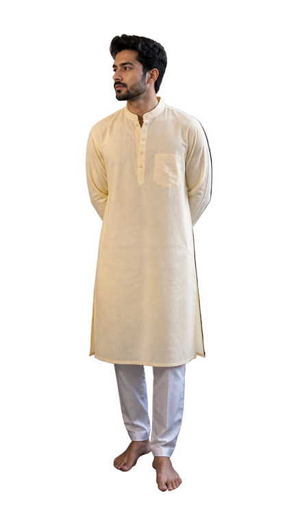 Men’s Linen Kurta Yellow Solid Long Kurta Mandarin Collar Casual Festive Ethnic Wear