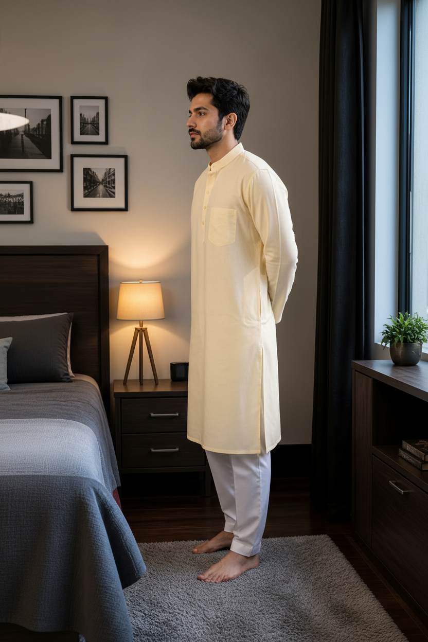Men’s Linen Kurta Yellow Solid Long Kurta Mandarin Collar Casual Festive Ethnic Wear